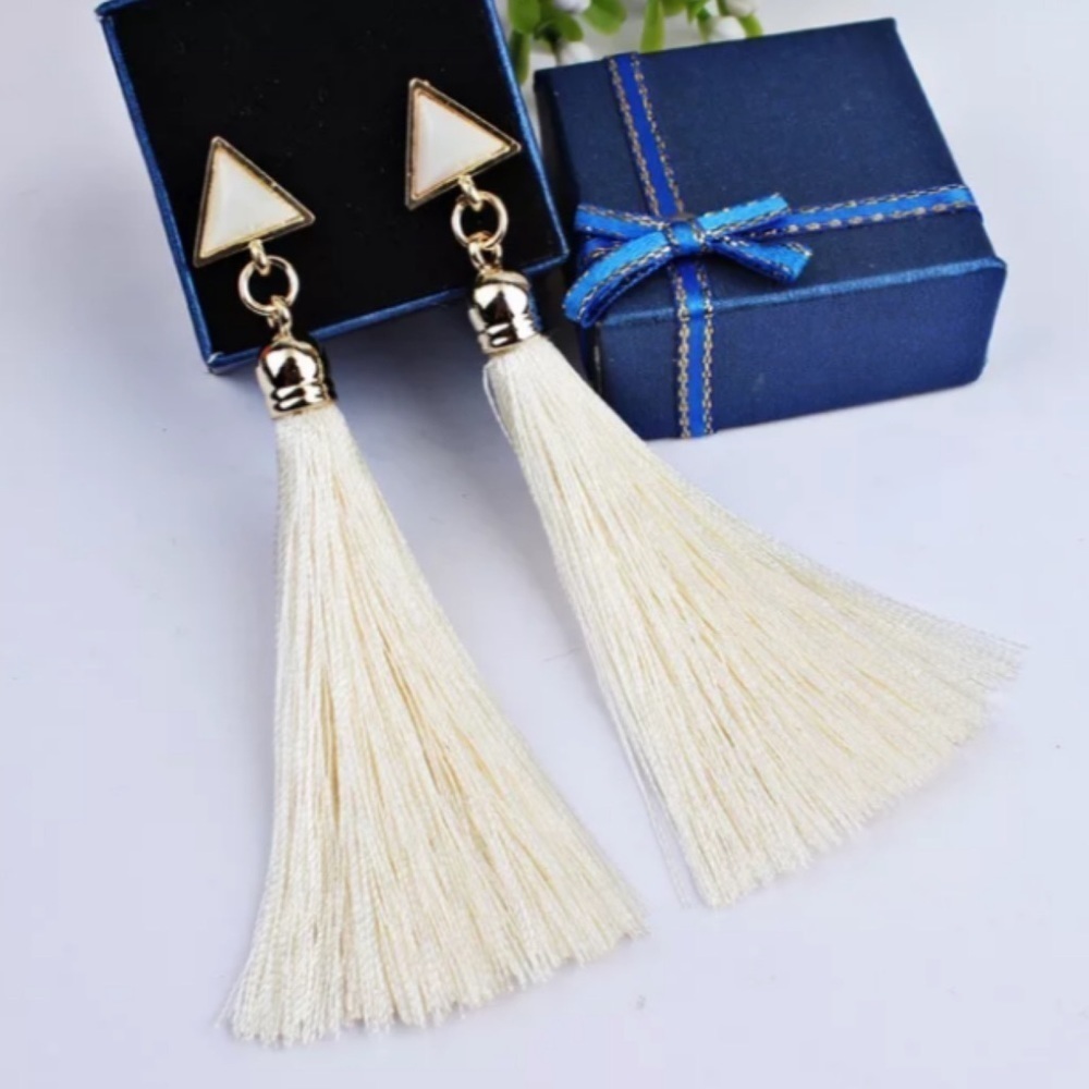 White Boho Long Triangle Tassel Drop Earrings